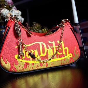 Von Dutch Red Flame Shoulder Bag Y2K Logo Chain Purse NWT